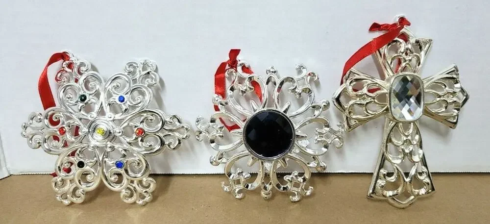 Set of 3 Lenox Silver Metal Jeweled Christmas Ornament Cross Snowflakes